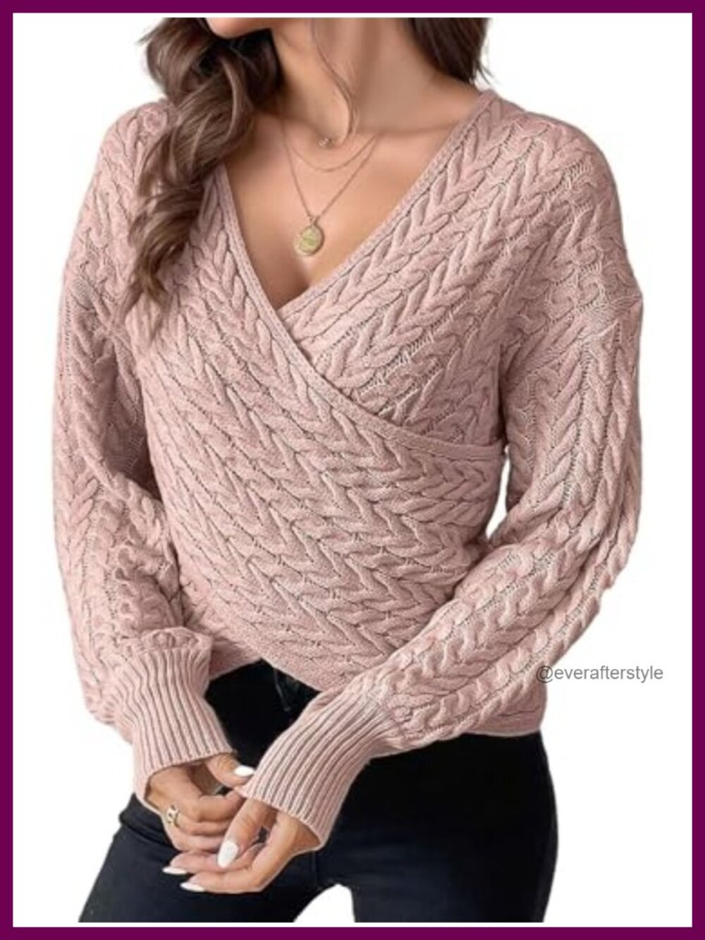 Women's Long Sleeve Wrap V-Neck Cropped Slim Fit Cable Knit Sweater